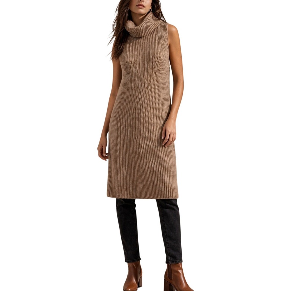 Free People Sleeveless Cowl Neck Chunky Sweater Tunic Dress Camel Lambswool XS